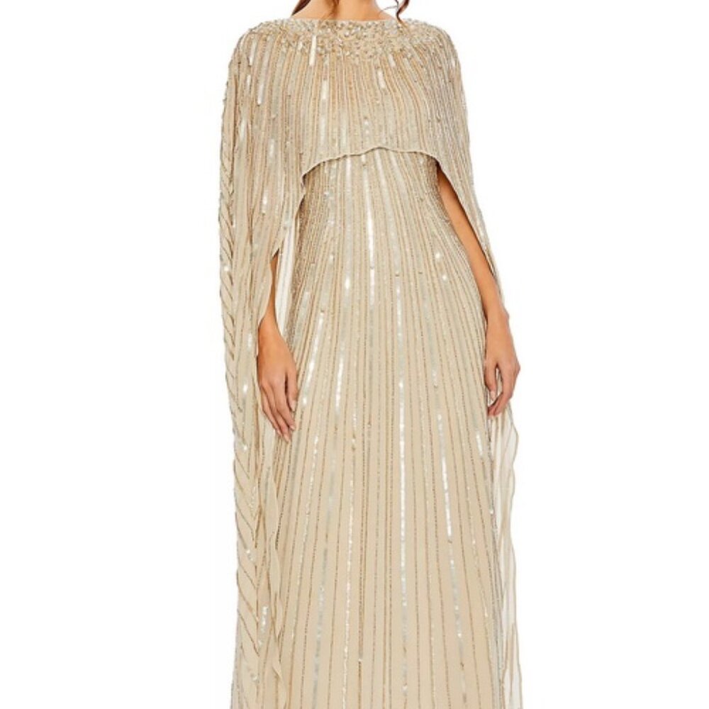 Mac Duggal Champagne Taupe Beige Sequin Embellished Capelet Column Gown